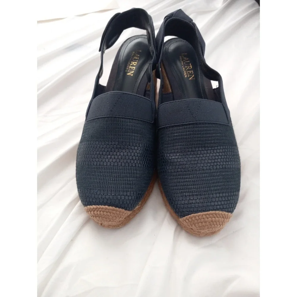 Ralph Lauren Penelopie Slingback Wedge NauticalSandals Espadrille Navy Blue NWOB